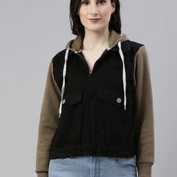 Campus Sutra Women Black Hooded Denim Jacket-picture-11