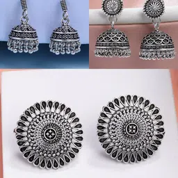 NVR Women Set of 3 Silver Plated Round Shape Oxidised Traditional Jhumka & Stud Earrings-14