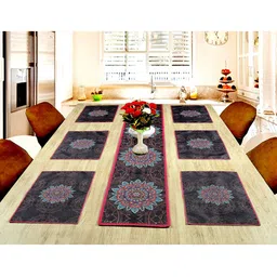 BELLA TRUE Set of 7 Black & Brown Printed Table Placemats With Runner-34