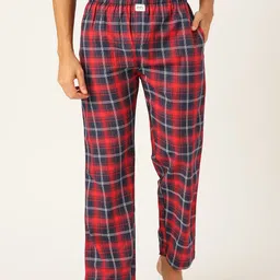 JAPS Men Red & Navy Blue Checked Cotton Lounge Pants-image-82