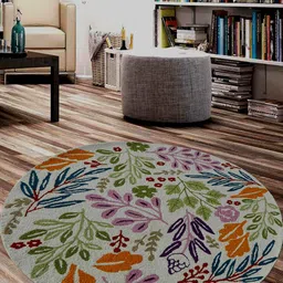 MRIC Beige & Green Floral Hand-Tufted Circular Woollen Carpet-12