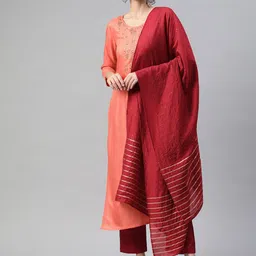 SheWill Women Peach-Coloured & Red Ethnic Yoke Design Kurta with Trousers & Dupatta-49
