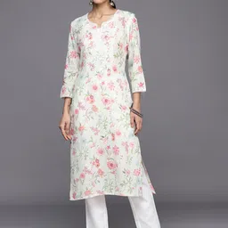 Inddus Floral Embroidered Linen Cotton Chikankari Kurta with Trousers-22