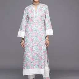 Inddus Floral Printed Regular Chikankari Pure Cotton Kurta With Trousers-picture-56