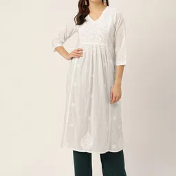 HOUSE OF KARI Women White Cotton Chikankari Embroidered Kurta-picture-11