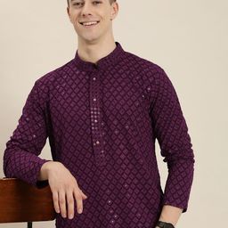 HERE&NOW Men Ethnic Motifs Embroidered Chikankari Kurta-51