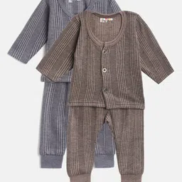 KUCHIPOO Kids Pack of 2 Grey & Brown Self Striped Thermal Sets-image-20