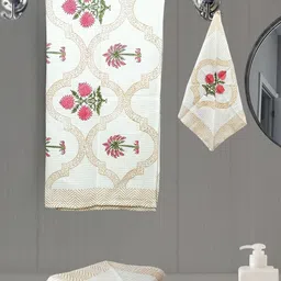LIVING ROOTS Pink 3 Pieces Block Printed 210 GSM Waffle Cotton Soft & Absorbent Towel Set-image-74