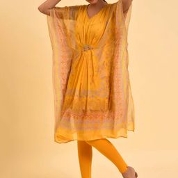 W Women Yellow Ethnic Motifs Printed Embellished Kaftan Kurta With Palazzo-picture-18
