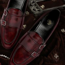 House of Pataudi Men Burgundy Glossy Finish Handcrafted Leather Party Monk Shoes-image-83