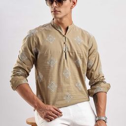 HERE&NOW Floral Embroidered Mandarin Collar Cotton Short Kurta-58