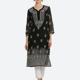 FAWOMENT V-Neck Ethnic Motifs Embroidered Chikankari Georgette Kurta-picture-10