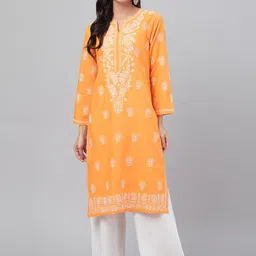 ADA Women Coral Orange & White Chikankari Hand-Embroidered Straight Sustainable Handloom Kurta-56