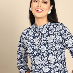 Anouk Women Navy Blue & White Pure Cotton Ethnic Motifs Printed Kurta-picture-34