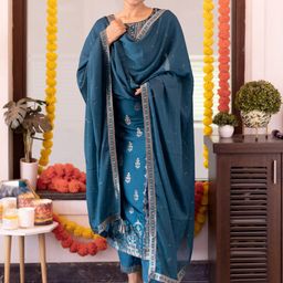 Libas Women Teal Blue & Gold Ethnic Motifs Zari Straight Kurta with Trousers Dupatta-21