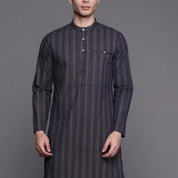 Indo Era Men Navy Blue Geometric Printed Pure Cotton Kurta-picture-58