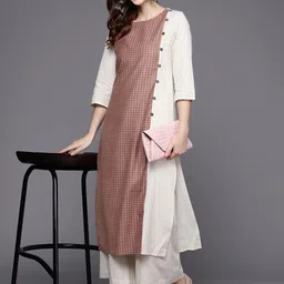 Varanga Women White & Dusty Pink Checked Kurta-image-97