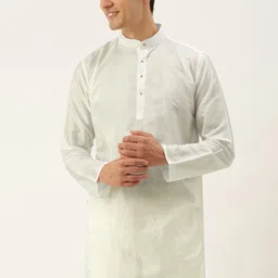 THANGAMAGAN Men White Solid Band Collar A-Line Straight Kurta-image-20