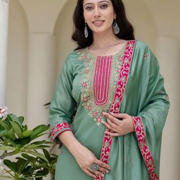 SANISA Women Ethnic Motifs Embroidered Regular Straight Kurta with Trousers & Dupatta-image-71