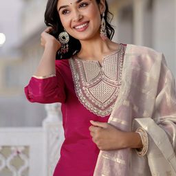 SANISA Floral Yoke Design Notch Neck Sequinned Straight Kurta With Trousers & Dupatta-44