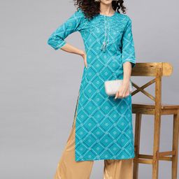 YASH GALLERY Women Blue & Off-White Bandhej Print Straight Kurta-image-82