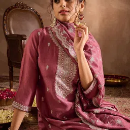 Indo Era Floral Embroidered V-Neck Thread Work Straight Kurta With Trousers & Dupatta-image-97