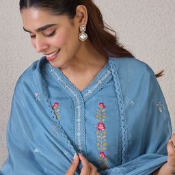 Indo Era Floral Embroidered V-Neck Thread Work Straight Kurta & Trousers & Dupatta-image-87