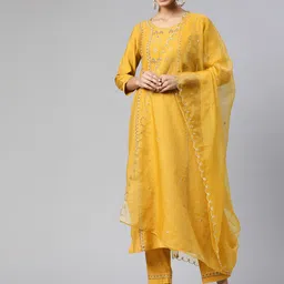 SheWill Women Mustard Yellow Ethnic Motifs Embroidered Kurta with Trousers & Dupatta-image-70