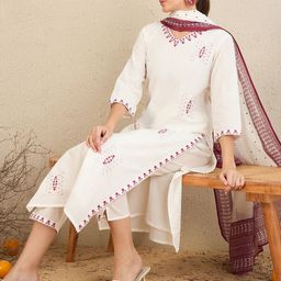 Indo Era Floral Embroidered V-Neck Pure Cotton Straight Kurta With Trousers & Dupatta-picture-36