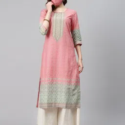Biba Women Pink & Off-White Printed Pure Cotton Straight Kurta & Mask-picture-34