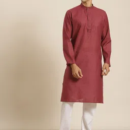 SOJANYA Men Maroon Striped Regular Pure Cotton Straight Kurta with Churidar-picture-17