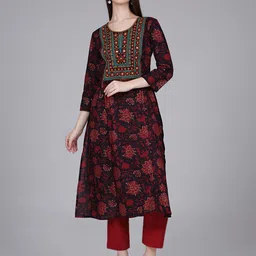 Saffron Floral Printed Thread Work Pure Cotton Straight Kurtas-image-10