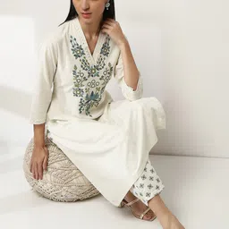 Rangriti Floral Printed Mandarin Collar Cotton Straight Kurta-image-76