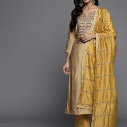 Varanga Women Mustard Yellow Printed Mirror Work Kurta with Trousers & Dupatta-picture-56