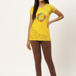 BROOWL Women Mustard & Coffee Brown Printed Cotton Night suit-image-7
