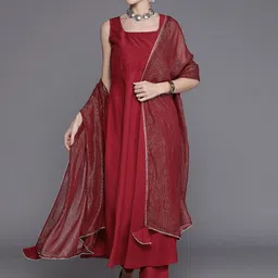 Inddus Women Maroon Kurta with Trousers & With Dupatta-picture-57