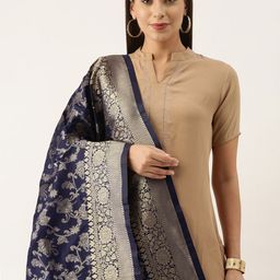 Silk Land Navy Blue & Gold-Toned Woven Design Pure Silk Dupatta with Zari-image-96