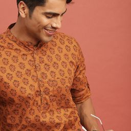 Taavi Men Mustard Orange & Green Bagru Printed Sustainable Straight Kurta with Roll-Up Sleeves-42