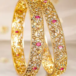 Rubans Set of 2 22K Gold-Plated Bangles with Ruby Pink & White Cubic Zirconia Stones-13