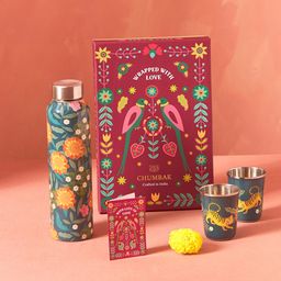 Chumbak Marigold Green & Yellow 3 Pieces Printed Stainless Steel Drinkware Gift Set-picture-36