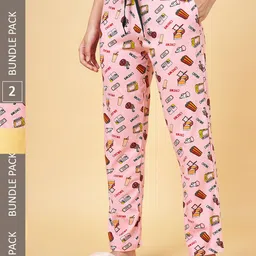 Dreamz by Pantaloons Women Set of 2 Yellow & Pink Printed Cotton Lounge Pants-picture-21
