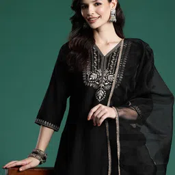 Indo Era Ethnic Motifs Zari Embroidered Liva Kurta With Sharara & Dupatta-image-27