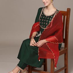 Anouk Women Green Embroidered Regular Sequinned Kurta with Palazzos & With Dupatta-image-9