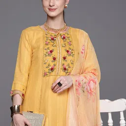 Indo Era Floral Embroidered Regular Thread Work Pure Cotton Kurta With Trousers & Dupatta-picture-29