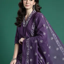Indo Era Floral Embroidered Pure Cotton Kurta with Trousers & Dupatta-picture-56