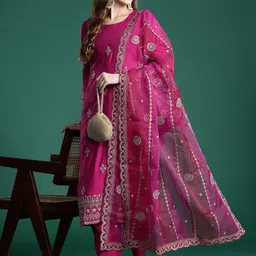 Indo Era Floral Embroidered Sequinned Kurta With Trousers & Dupatta-picture-34