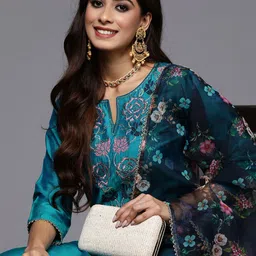 Indo Era Women Teal Floral Embroidered Regular Thread Work Kurta with Trousers & With Dupatta-picture-2