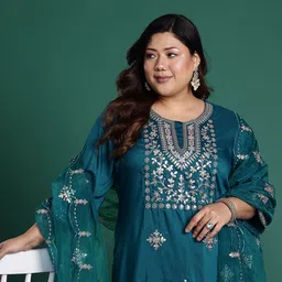 Indo Era Plus Size Floral Embroidered Gotta Patti Kurta with Trousers & With Dupatta-image-21