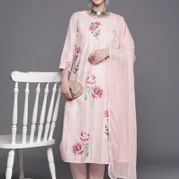 Indo Era Floral Embroidered Regular Thread Work Pure Cotton Kurta With Trousers & Dupatta-picture-58