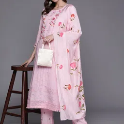 Indo Era Women Floral Embroidered Regular Thread Work Kurta with Trousers & With Dupatta-image-31